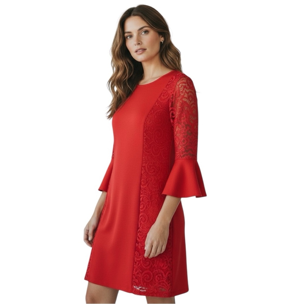 Sandra Darren Red Lace Trim Bell Sleeve Dress Size 8